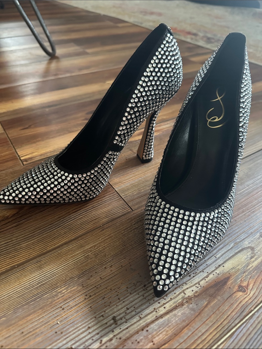 Sam Edelman Black Crystal-Studded Pointed Heel Pumps 8.5